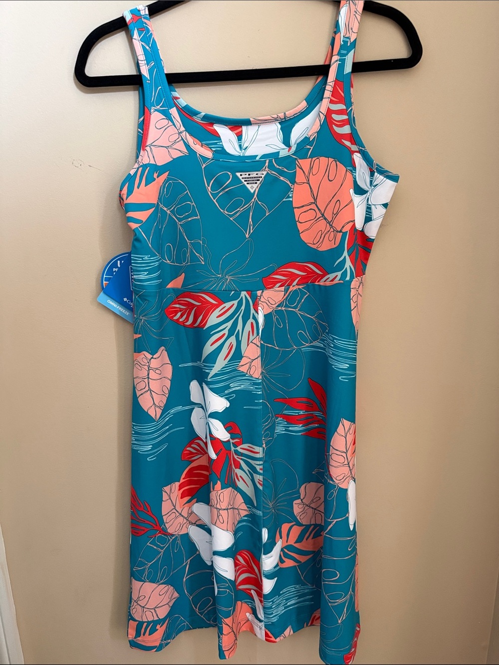 Columbia Teal Omni-Freeze Sundress with Coral and White Leaf Print - Picture 4 of 4